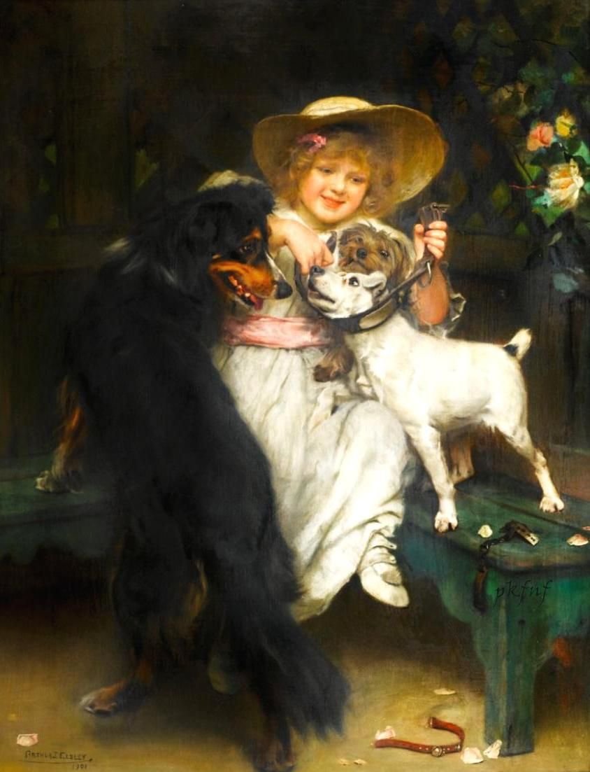 Arthur John Elsley (Артур Джон Элсли). Примерка - собака, живопись, девочка, 19 век, портрет - оригинал