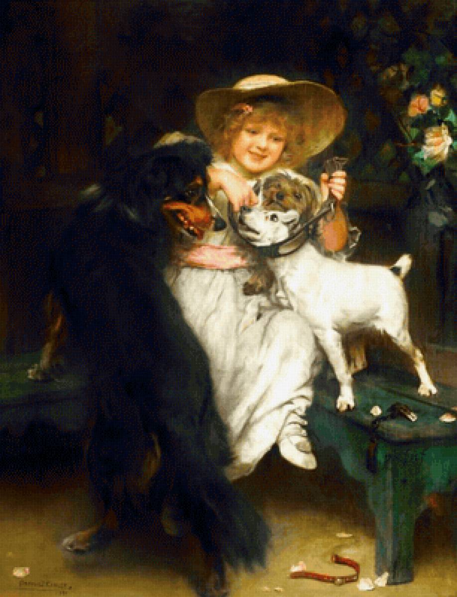 Arthur John Elsley (Артур Джон Элсли). Примерка - живопись, девочка, собака, 19 век, портрет - предпросмотр