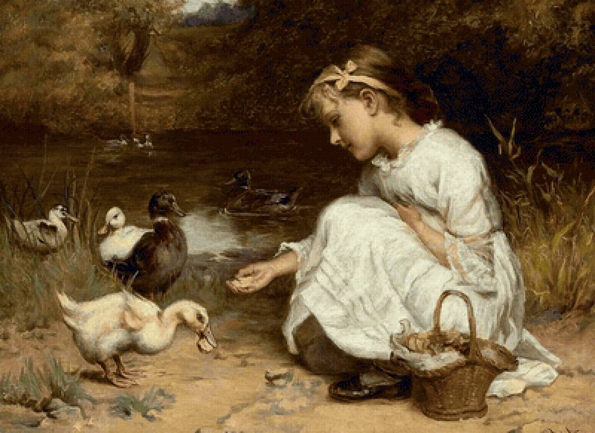 Фредерик Морган. Кормление уток - утка, девочка, пруд, живопись - предпросмотр