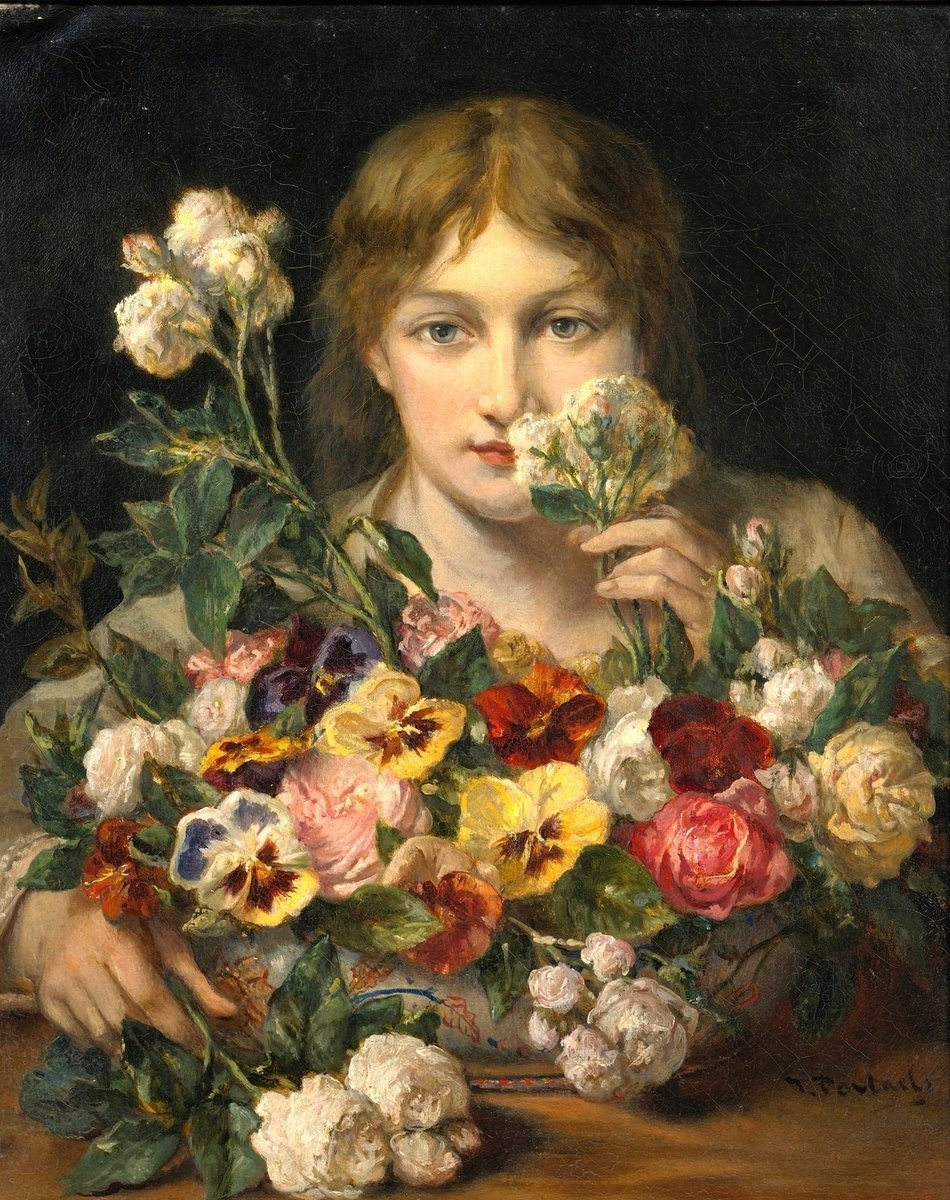Девушка с цветами. Жан-Франсуа Портель - 19 век, живопись, девушка, портрет - оригинал