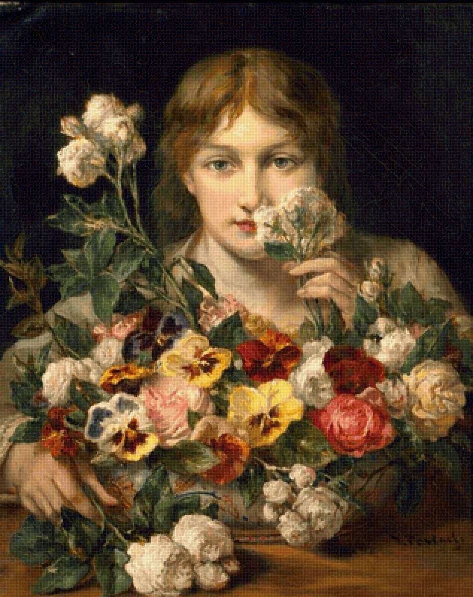 Девушка с цветами. Жан-Франсуа Портель - девушка, портрет, 19 век, живопись - предпросмотр
