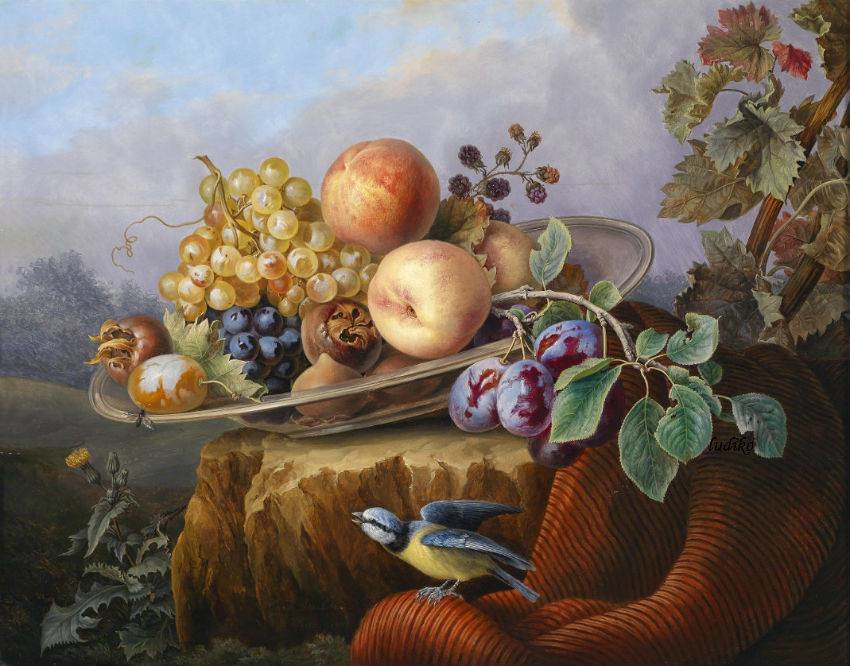 Натюрморт. Карл Грубер (Carl Gruber) - фрукты, птичка, натюрморт, ваза, живопись - оригинал