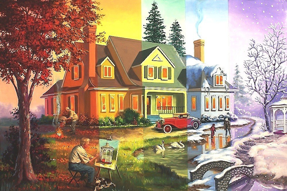 времена года - времена года, пруд, беседка, дом - оригинал