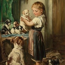 Оригинал схемы вышивки «Девочка со щенками» (№2130132)