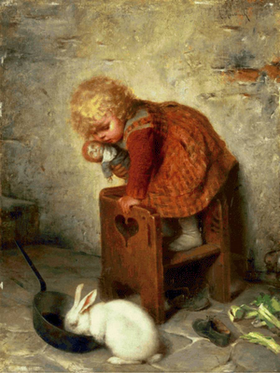Страшный зверь. Гаэтано Чиерици (Gaetano Chierici ) - 19 век, живопись, дети, кролик, девочка - предпросмотр