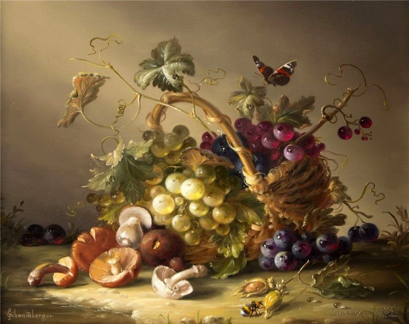 Натюрморт с грибами. Hildegard Schwamm - живопись, фрукты, грибы, натюрморт - оригинал