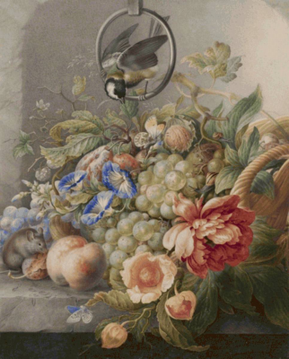 Натюрморт с мышкой и птичкой. Herman Henstenburgh - птичка, фрукты, живопись, натюрморт, мышка, цветы - предпросмотр