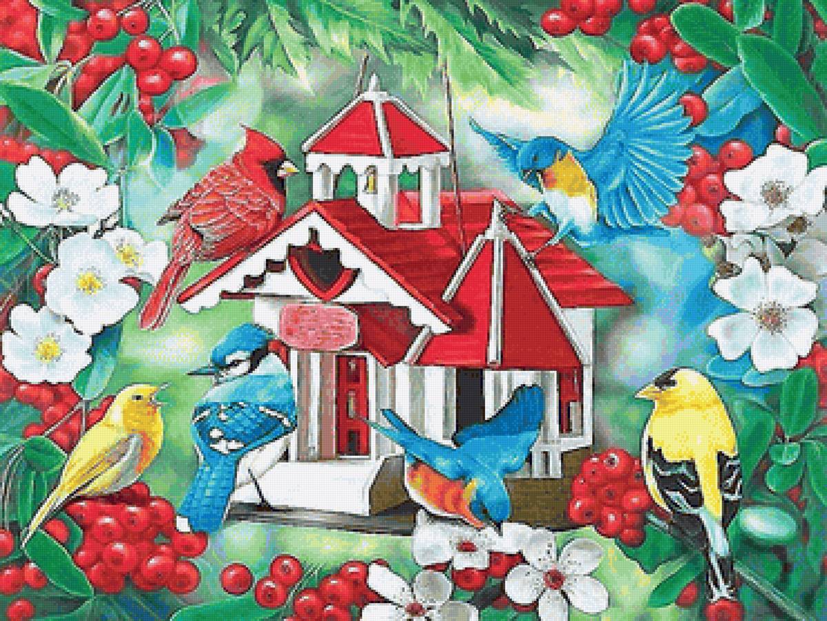 птичий домик - птички, ягоды, цветы, домик - предпросмотр
