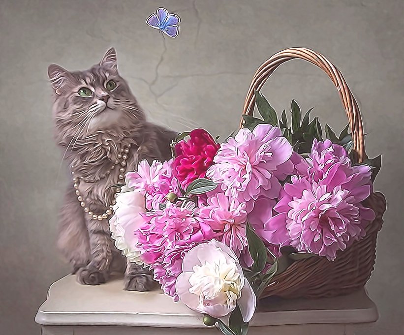 №2131400 - кот, пионы, цветы - оригинал