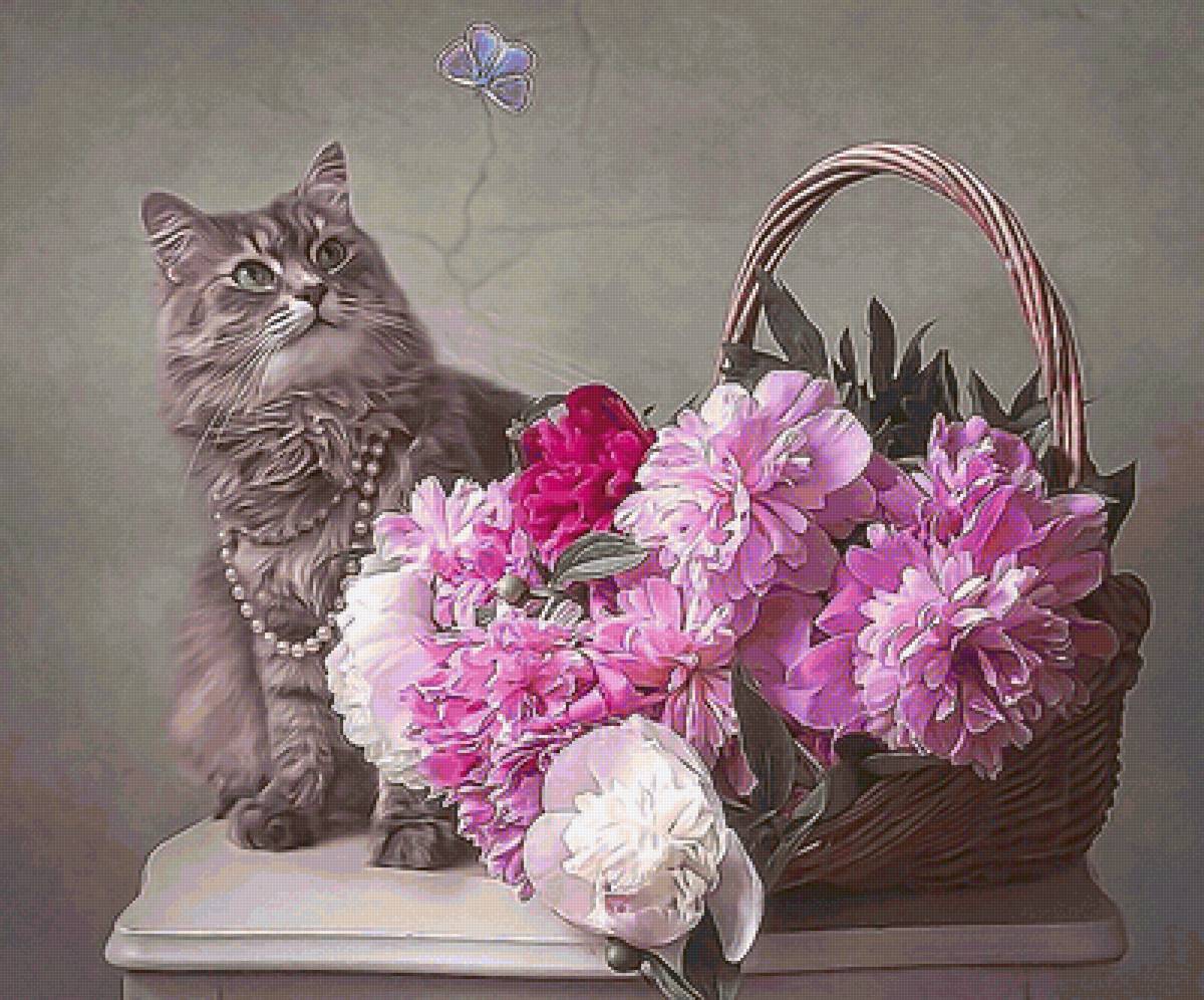 №2131400 - кот, пионы, цветы - предпросмотр