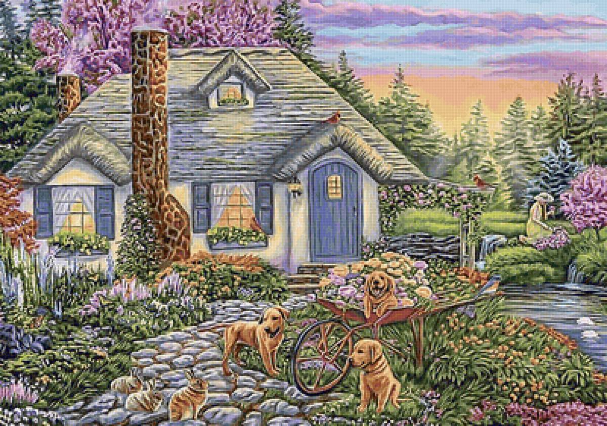 №2131406 - вечер, река, домик, сад, девушка, собачки, закат - предпросмотр