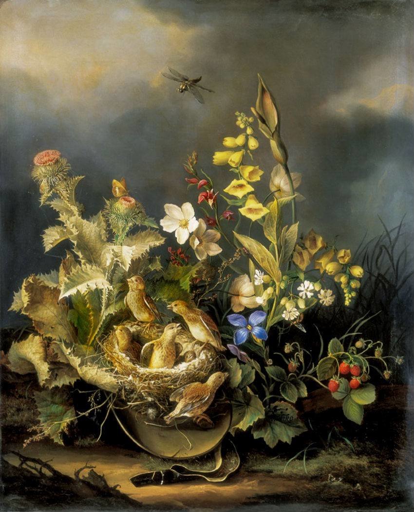 Натюрморт с птичками. Карл Грубер (Carl Gruber) - птички, цветы, ягоды, натюрморт, живопись - оригинал