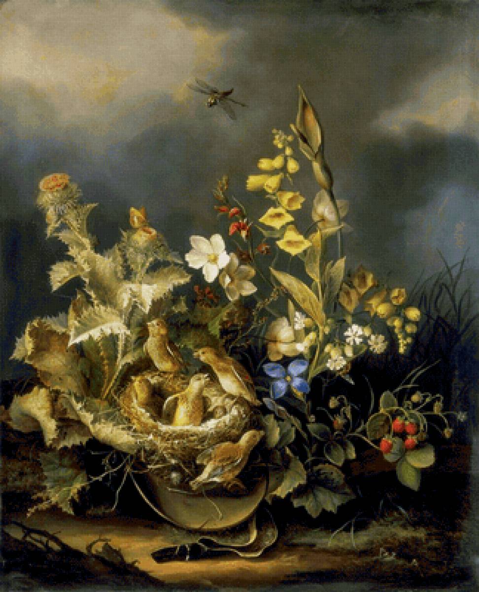 Натюрморт с птичками. Карл Грубер (Carl Gruber) - живопись, натюрморт, птички, цветы, ягоды - предпросмотр