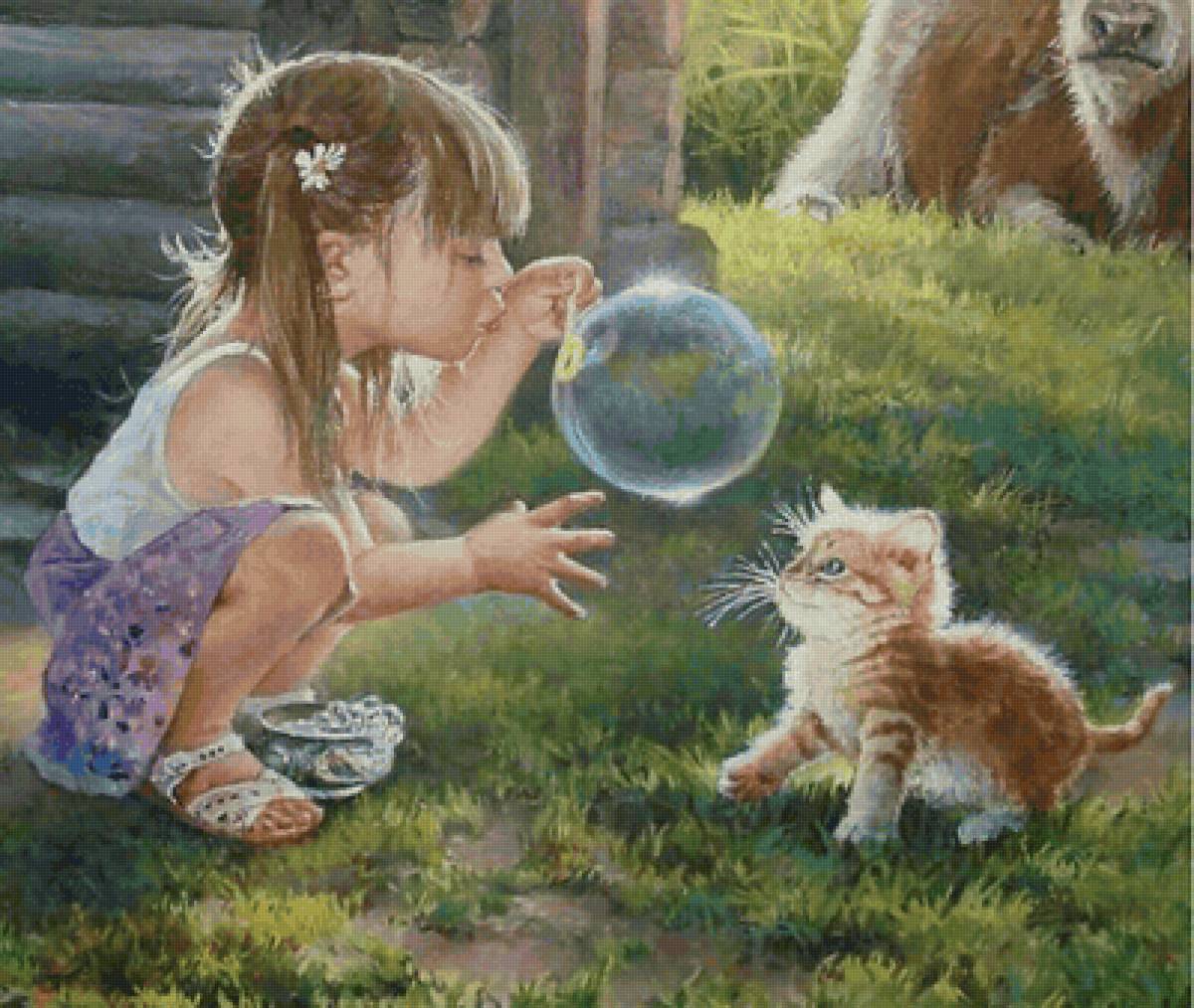 Лето в деревне. Леонович Владислав Николаевич - дети, девочка, деревня, котенок, живопись - предпросмотр