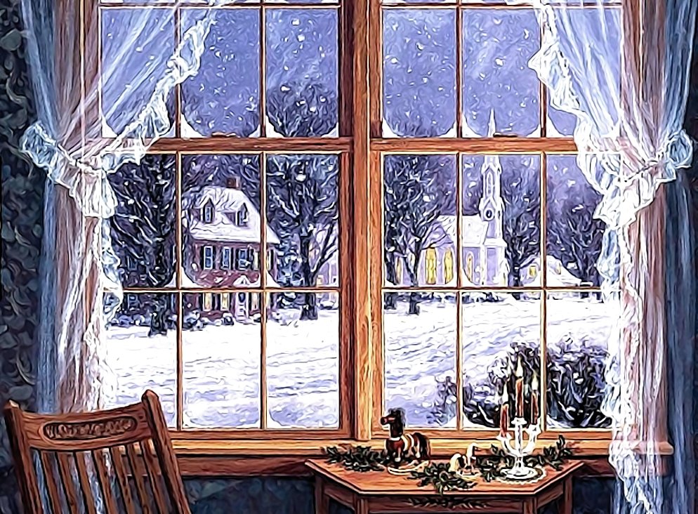 Зимняя ночь - домик, деревья, окно, ночь, свеча, зима, снег - оригинал