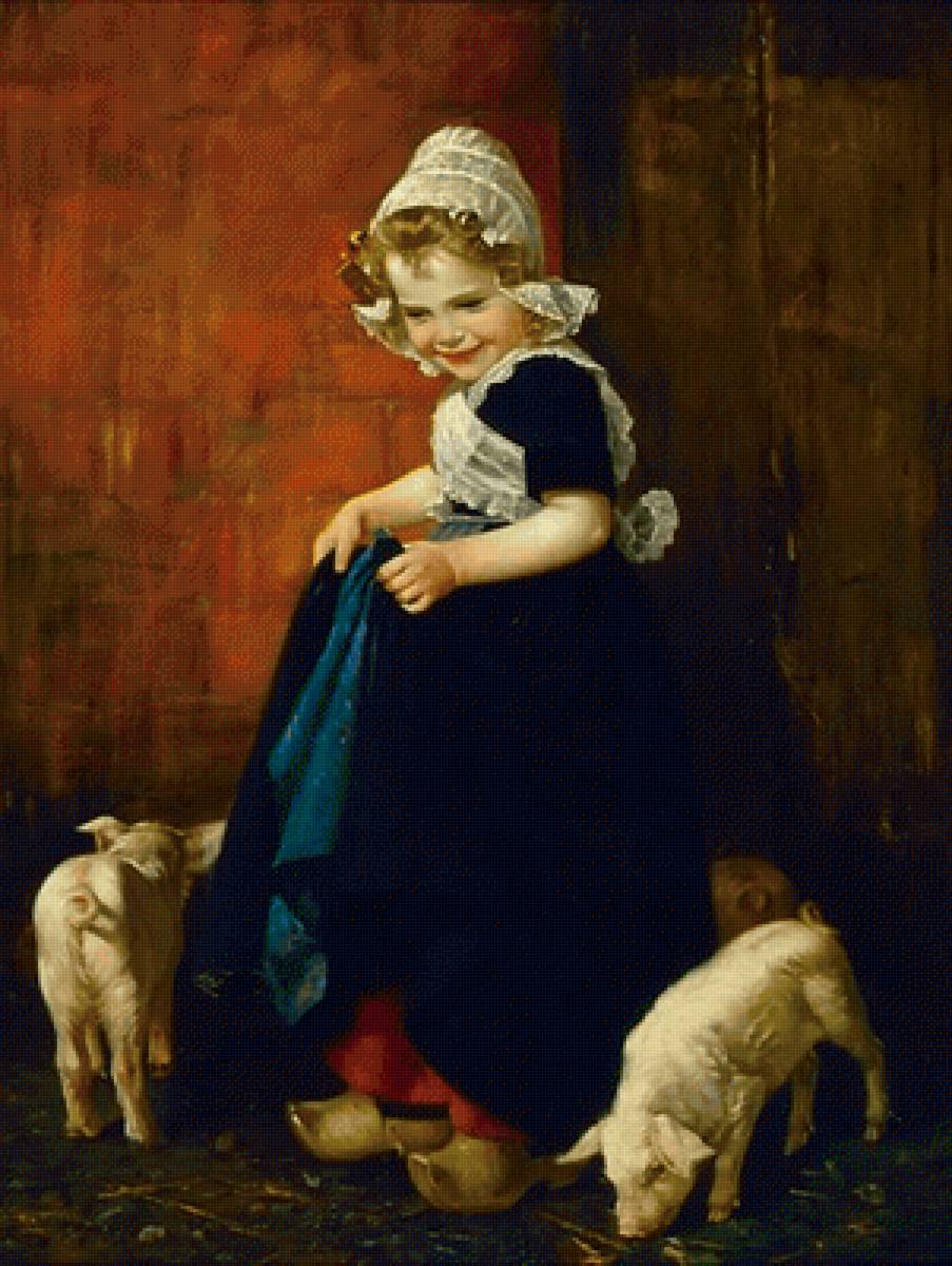 Девочка с поросятами. Edmond Louyot - жанровая живопись, поросенок, девочка, 19 век - предпросмотр