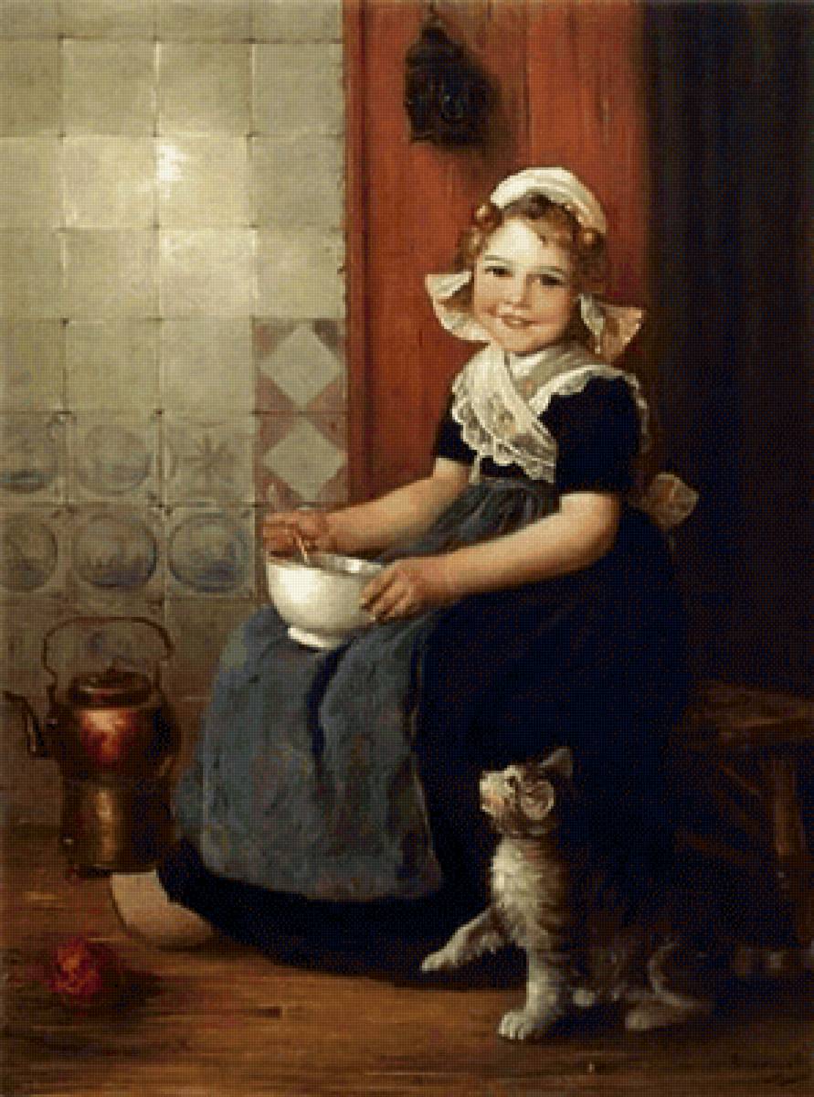 Девочка с кошкой. Edmond Louyot - 19 век, портрет, живопись, кошка, девочка - предпросмотр