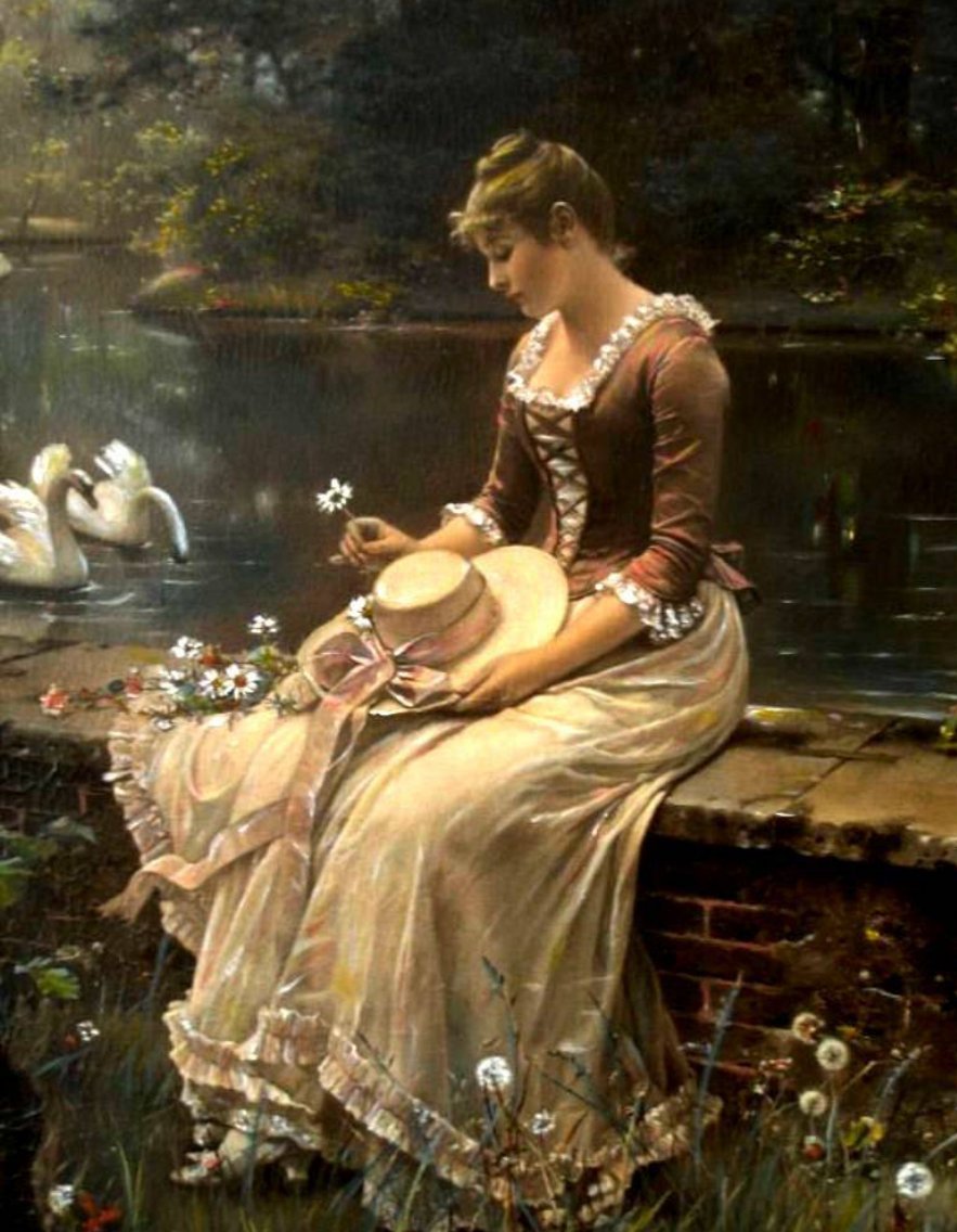 У пруда. Wilhelm Menzler Casel - пруд, 19 век, девушка, лебеди, живопись - оригинал