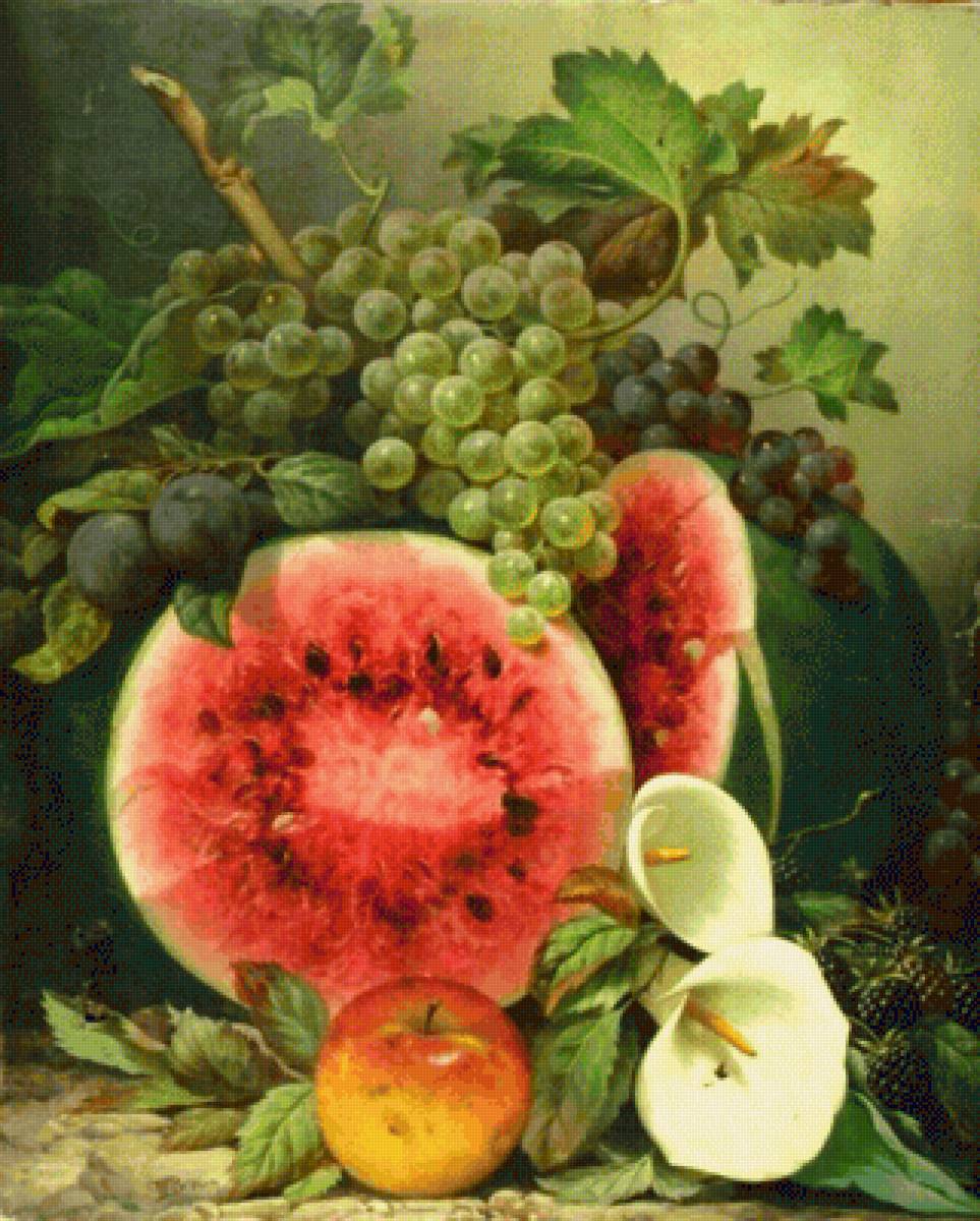 Натюрморт - цветы, арбуз, виноград - предпросмотр