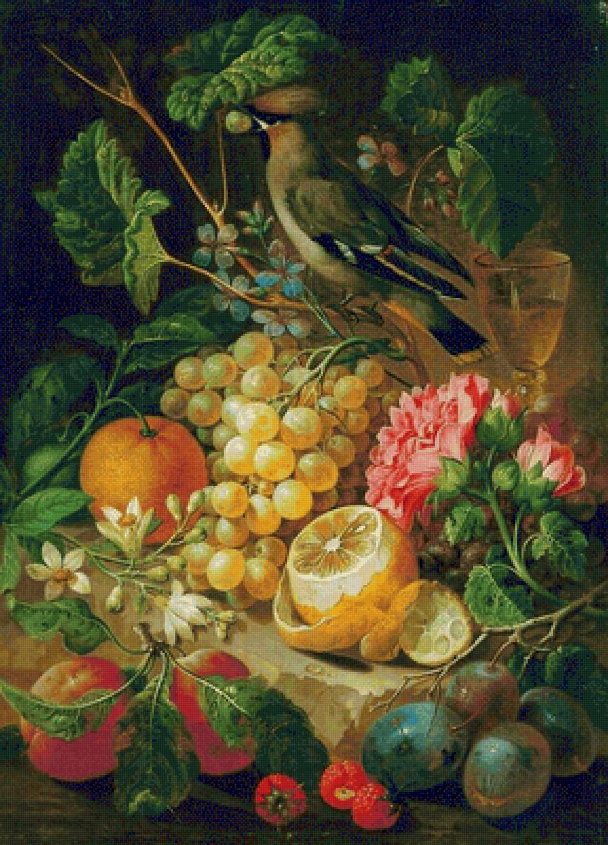 Натюрморт - птица, фрукты - предпросмотр