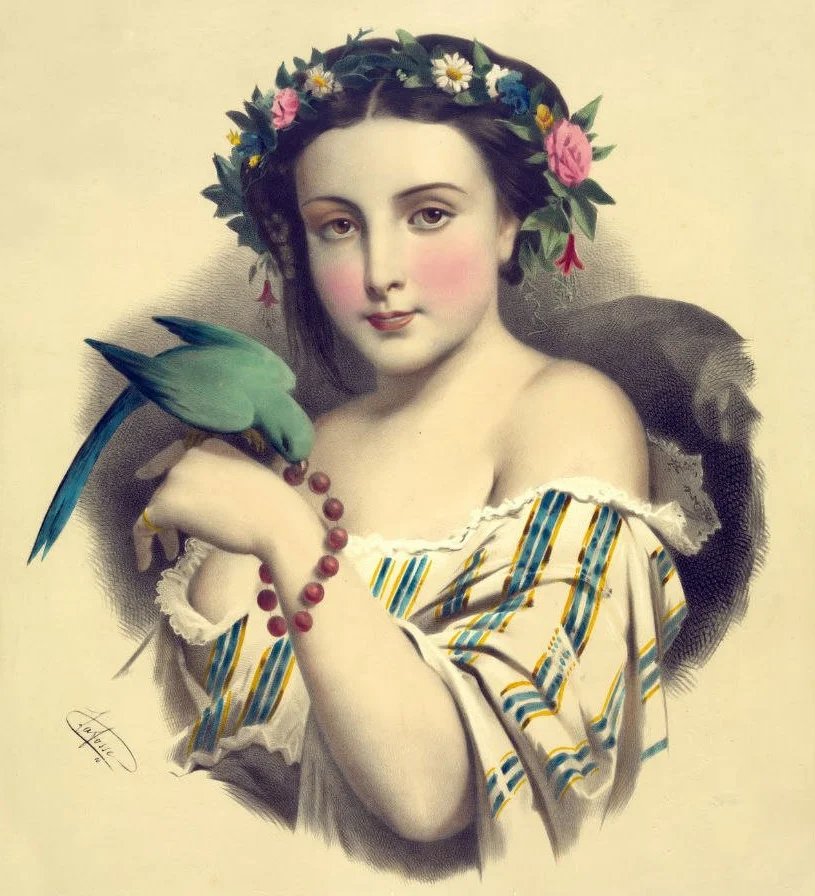 Литографии Josephine Ducollet - попугай, живопись, 19 век, девушка, портрет - оригинал