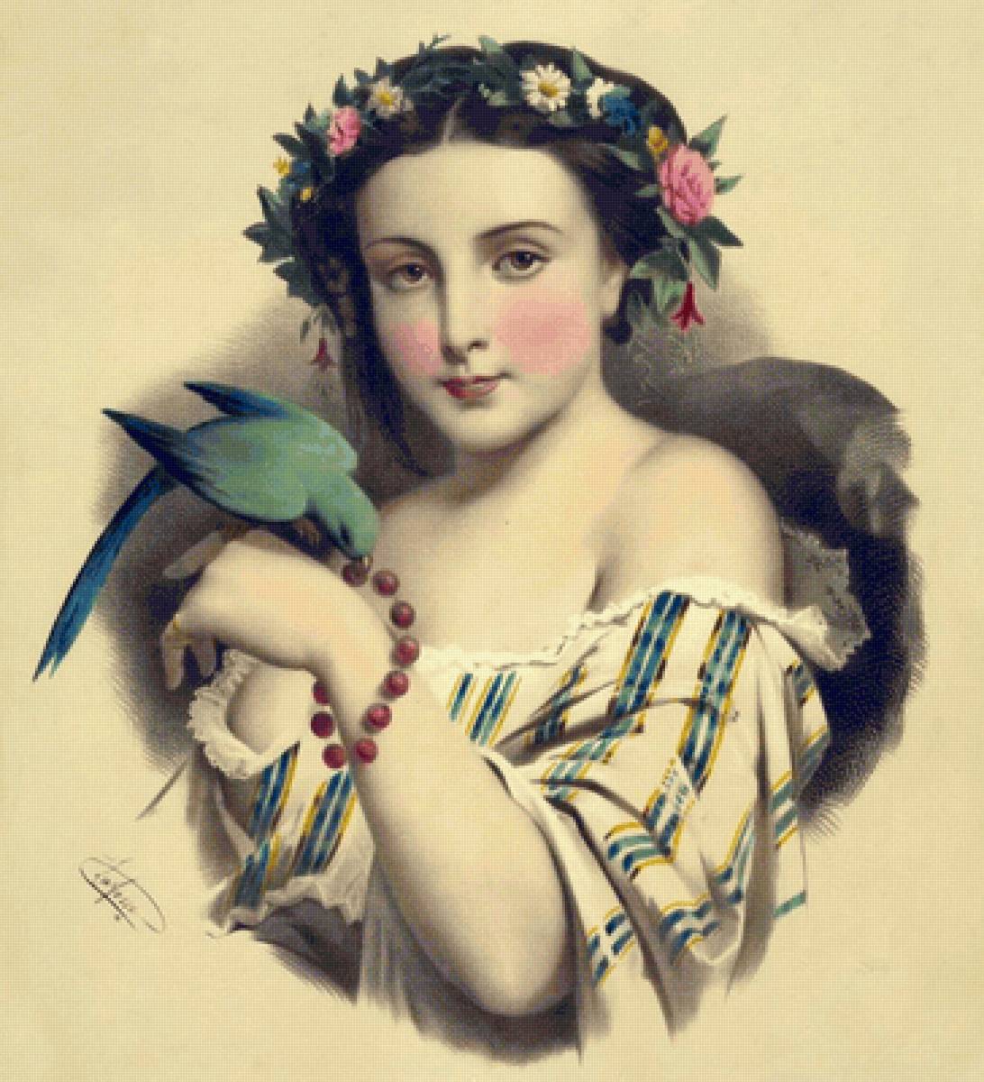 Литографии Josephine Ducollet - 19 век, попугай, портрет, девушка, живопись - предпросмотр