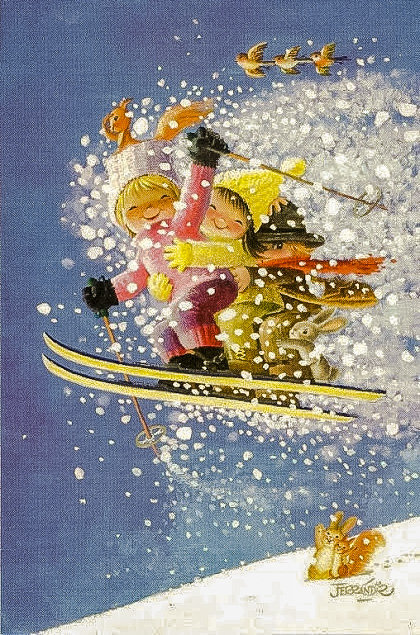 Little Skiers. - joan ferràndiz castells art.christmas.children.animals.birds. - оригинал