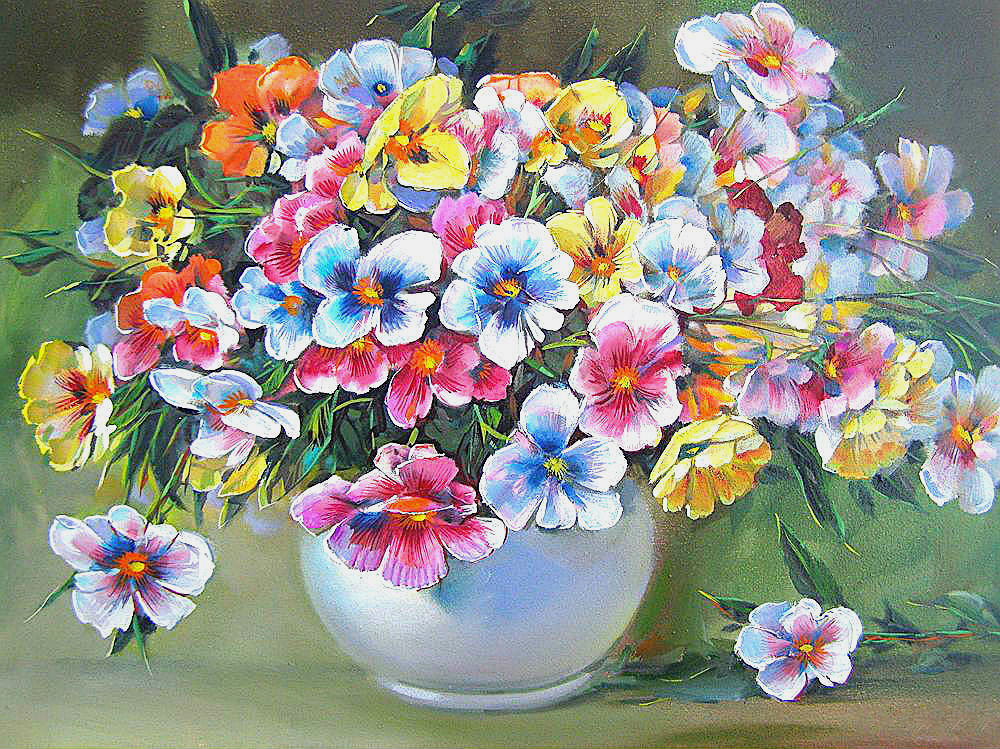 Акварельные анютины глазки - цветы в вазе, букет, цветы, анютины глазки - оригинал