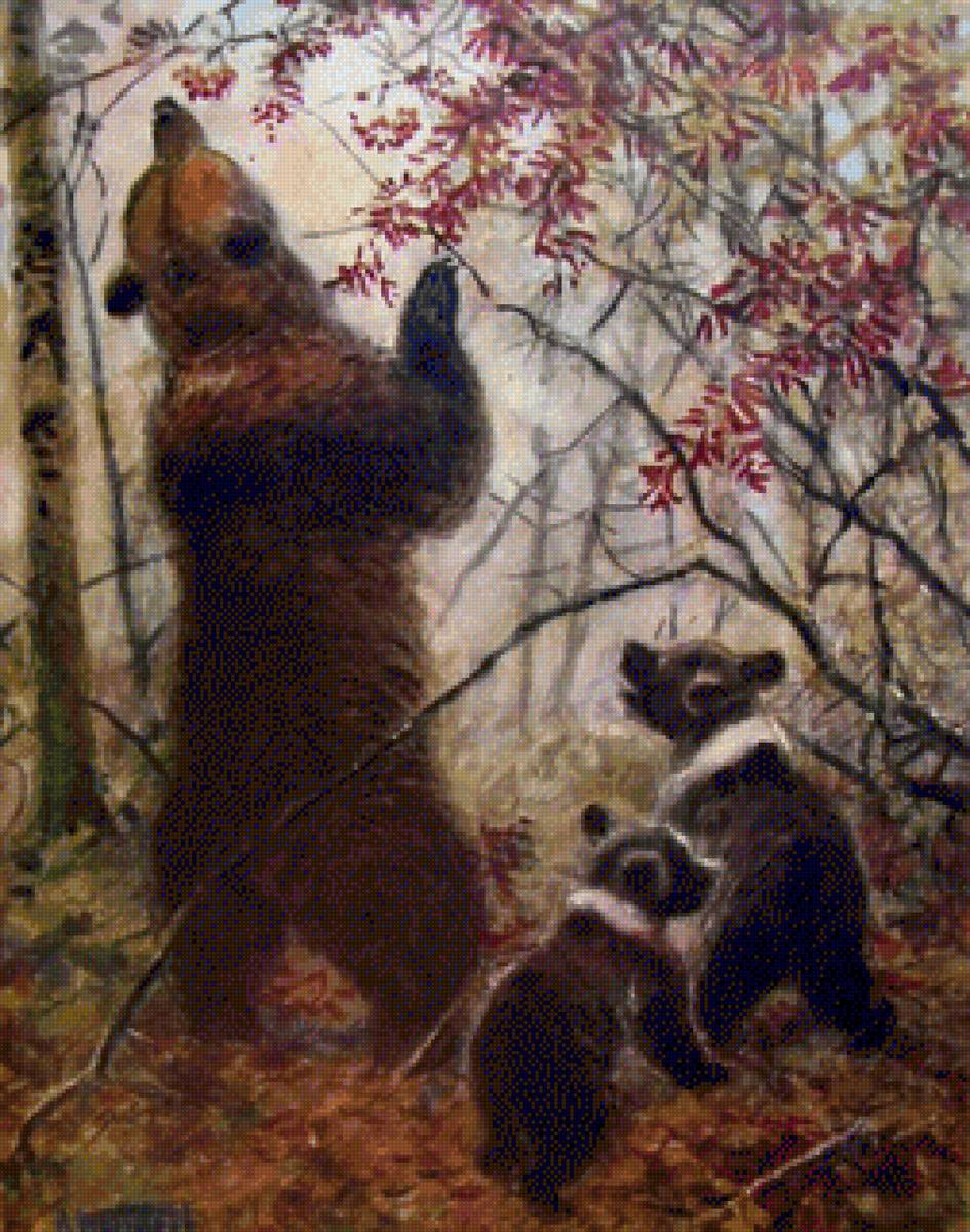 Утро в рябиновом лесу - медведи, звериная семья, рябина - предпросмотр