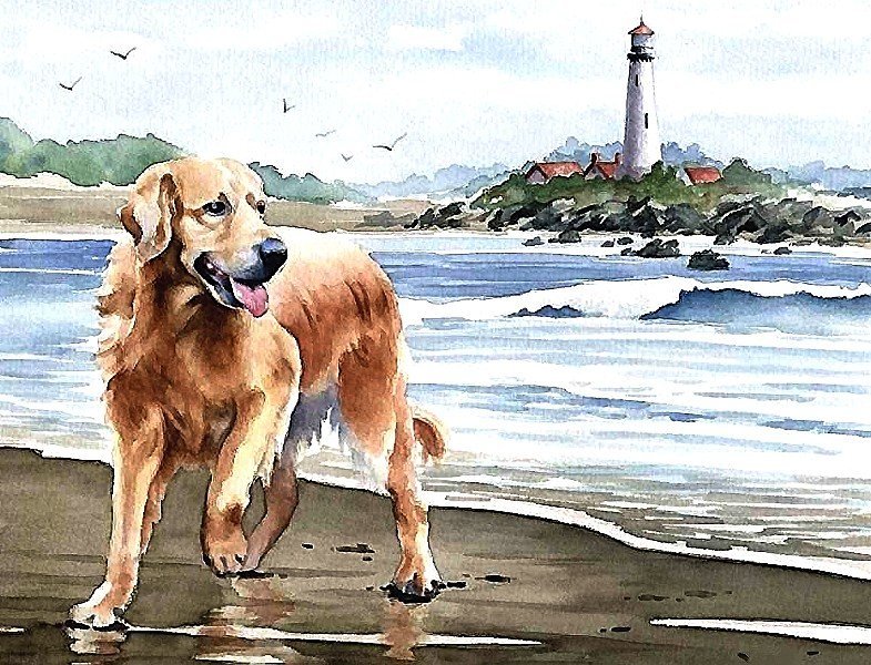 На берегу - маяк, море, отдых, собака - оригинал