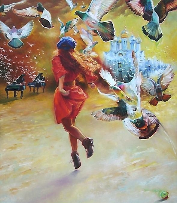 Голуби - рояль, голуби, девушка, храм - оригинал