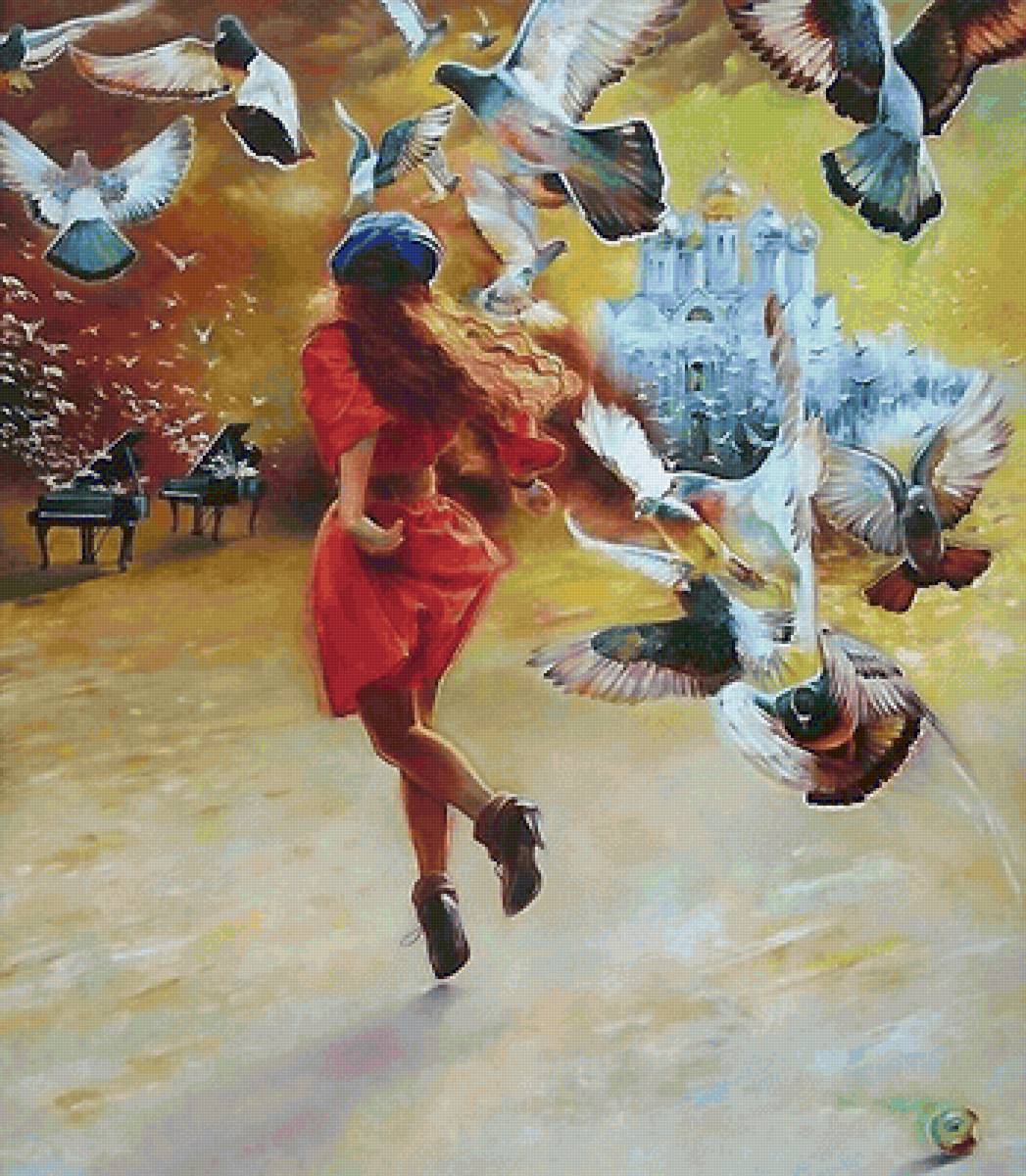 Голуби - рояль, голуби, храм, девушка - предпросмотр