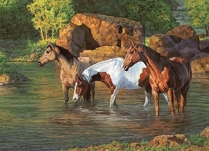 лошади, животные, водопой, живопись, картина - оригинал