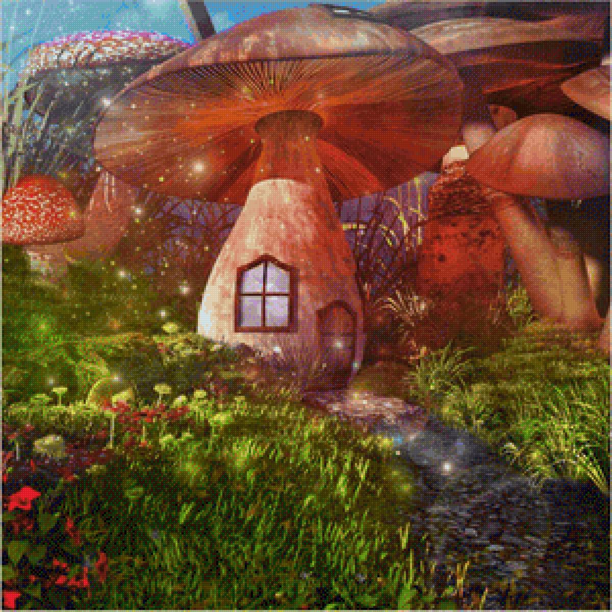 Волшебная тропа - дом, гриб, фэнтези, путь, тропа, дверь, трава - предпросмотр