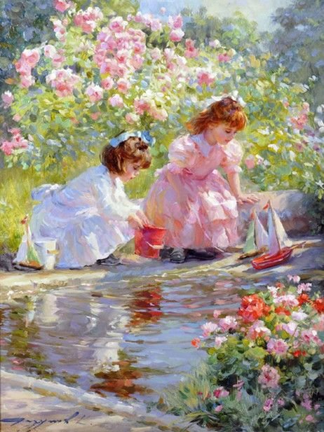 Girl playing with toy boats - boats, girls, children, toy - оригинал