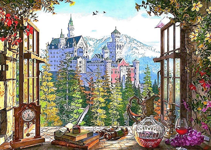 №2134800 - пейзаж, лес, замок, часы, окно - оригинал