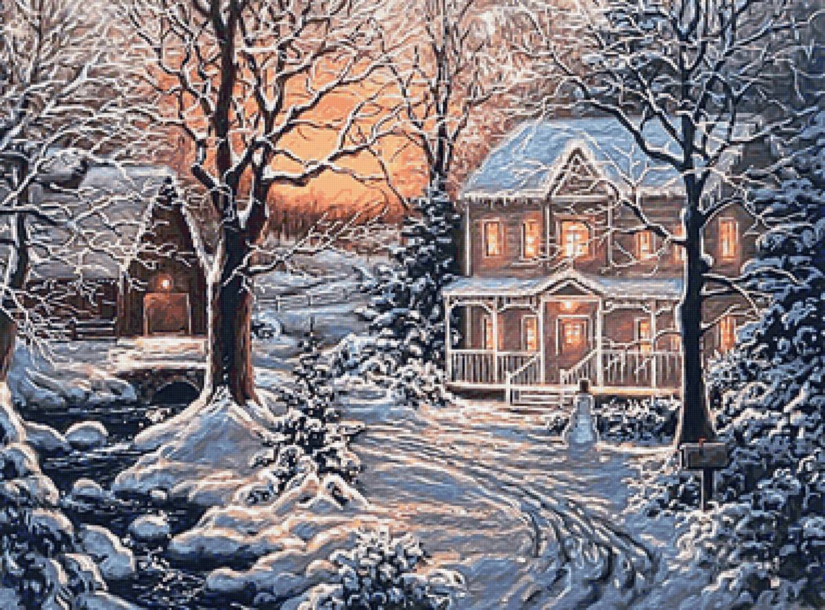 №2134804 - деревья, река, зима, домик, вечер - предпросмотр