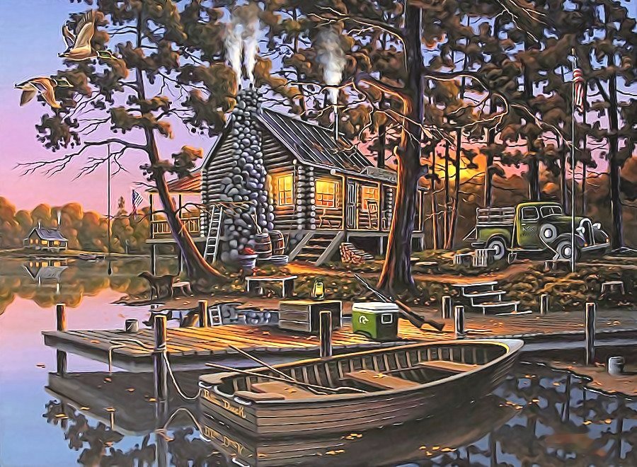 №2134838 - деревья, лодка, река, машина, вечер, домик - оригинал