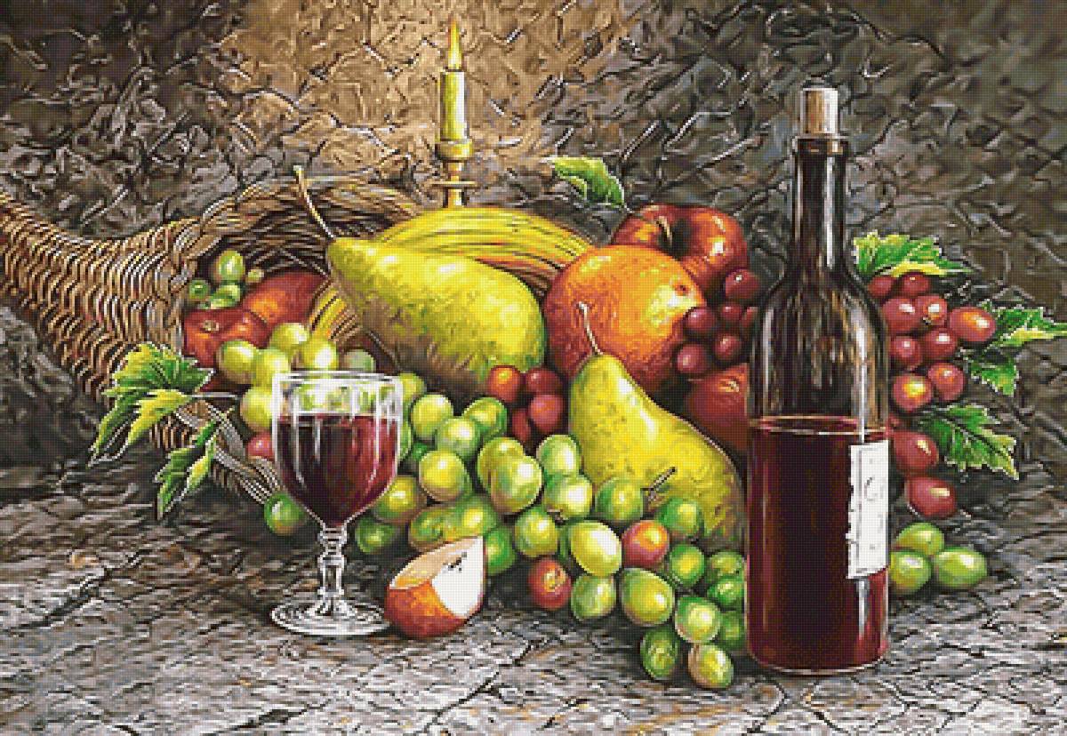 Натюрморт - фрукты, натюрморт, груши, виноград, вино, свеча, яблоки, бокал - предпросмотр