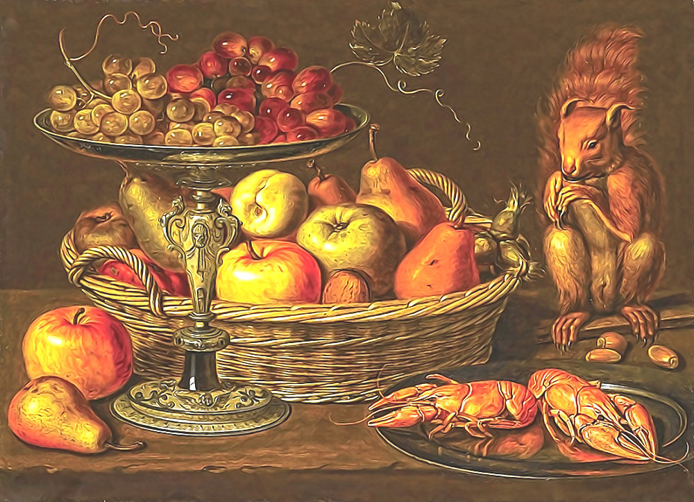 №2135485 - яблоки, груши, рак, виноград, фрукты, белка, натюрморт - оригинал