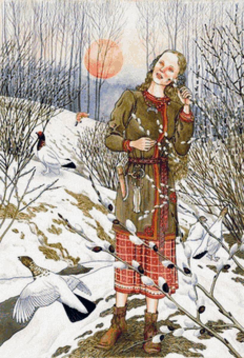 Вербочка - природа, верба, девушка, птицы - предпросмотр