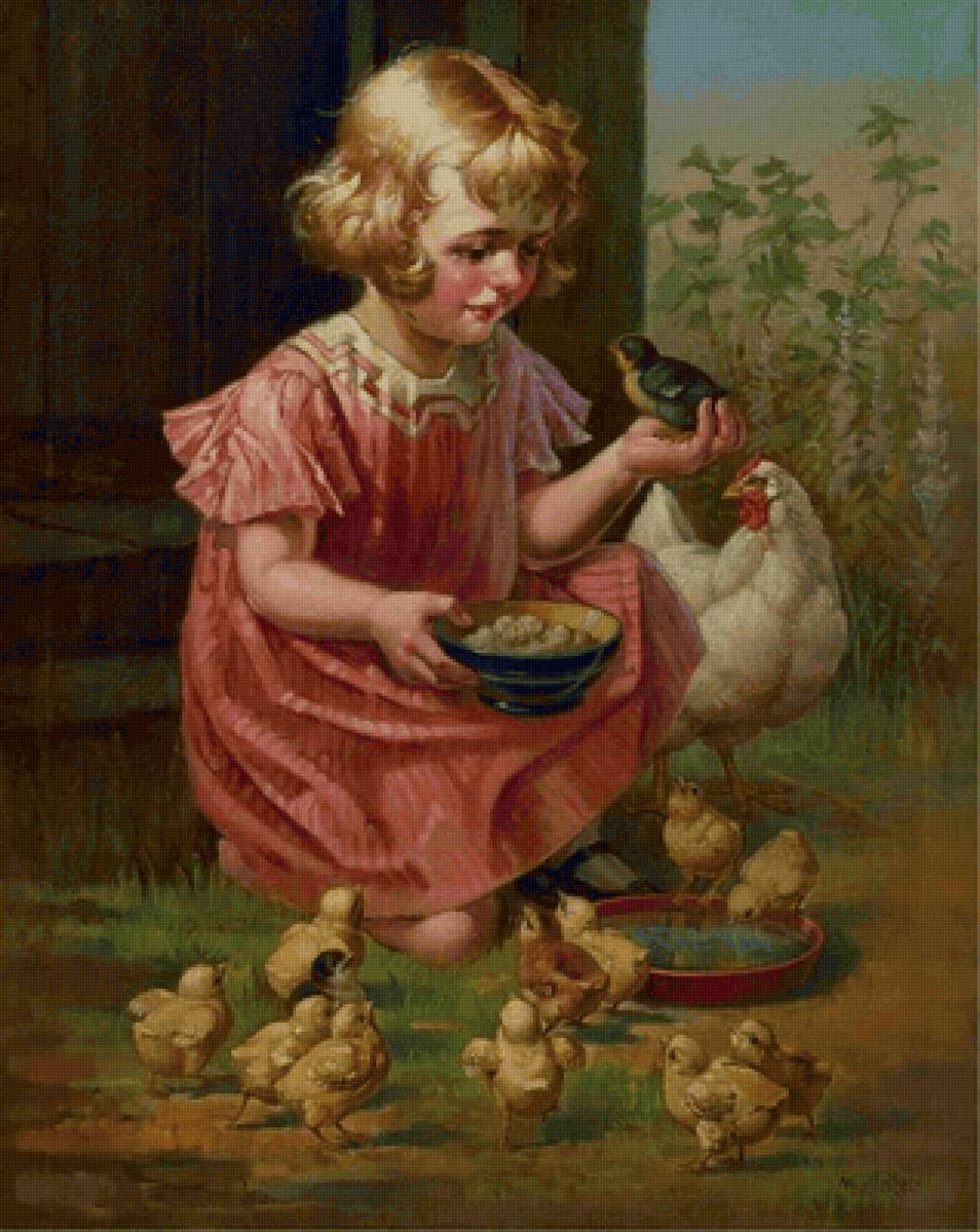 Картина дети кормят цыплят. Heinrich Hirt (1841 - 1902) живопись. Дети в живописи.