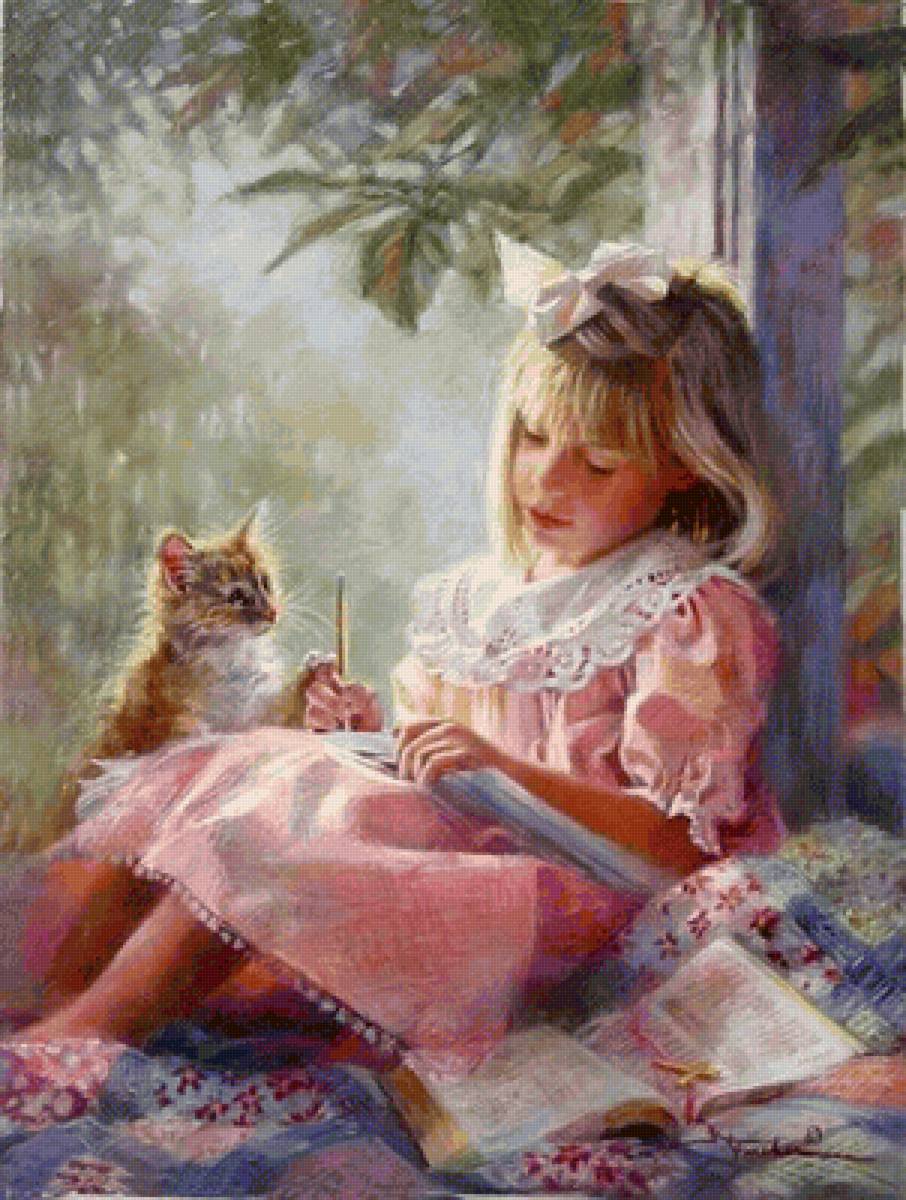 У окна. Kathryn Andrews Fincher - живопись, портрет, котенок, девочка - предпросмотр