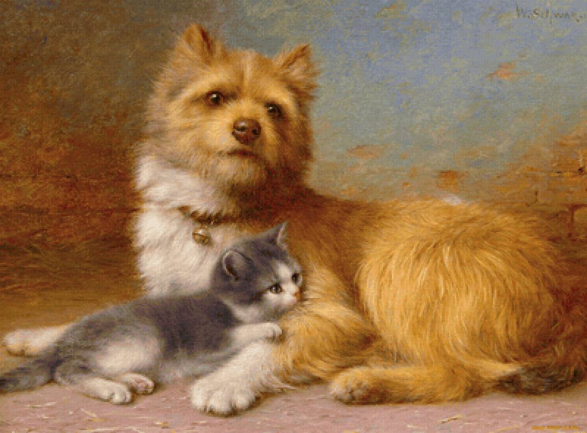 Willhelm Schwar. Материнский инстинкт - котенок, живопись, собака - предпросмотр