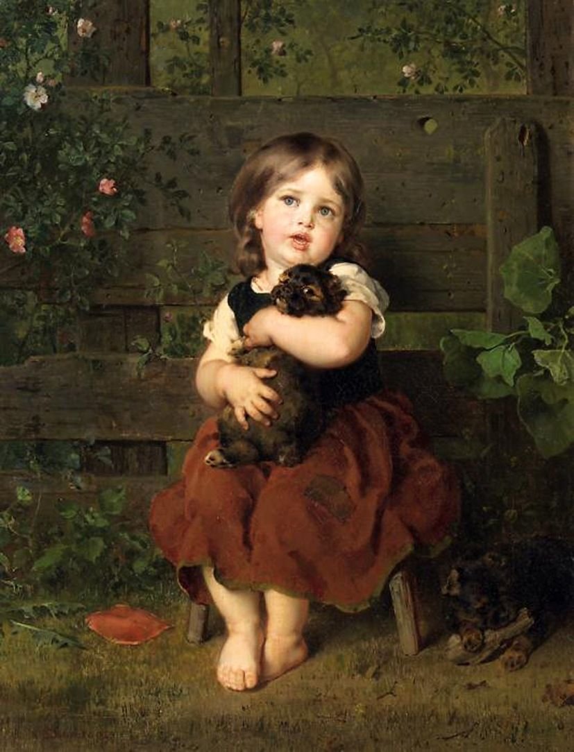 Ludwig Knaus. Девочка с щенком - жанровая живопись, щенок, девочка, 19 век - оригинал