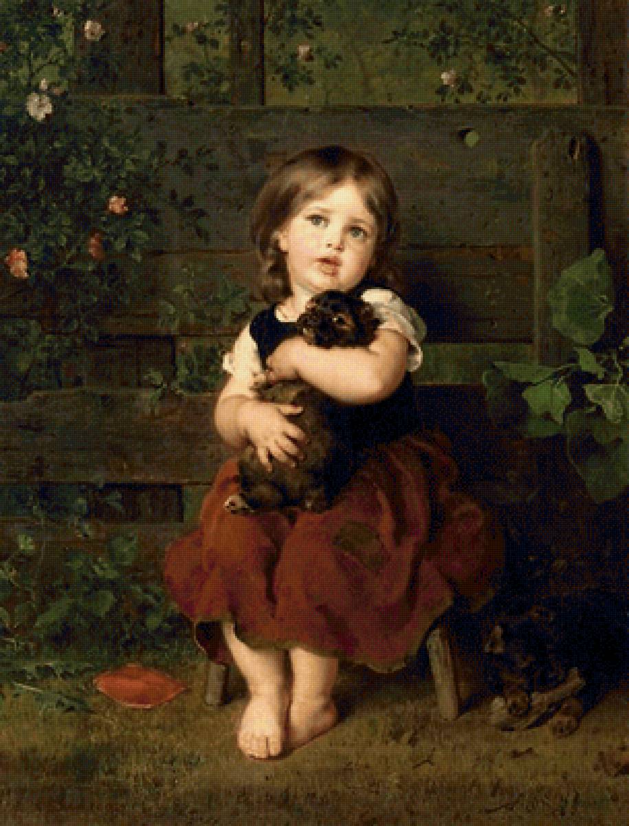 Ludwig Knaus. Девочка с щенком - 19 век, жанровая живопись, щенок, девочка - предпросмотр