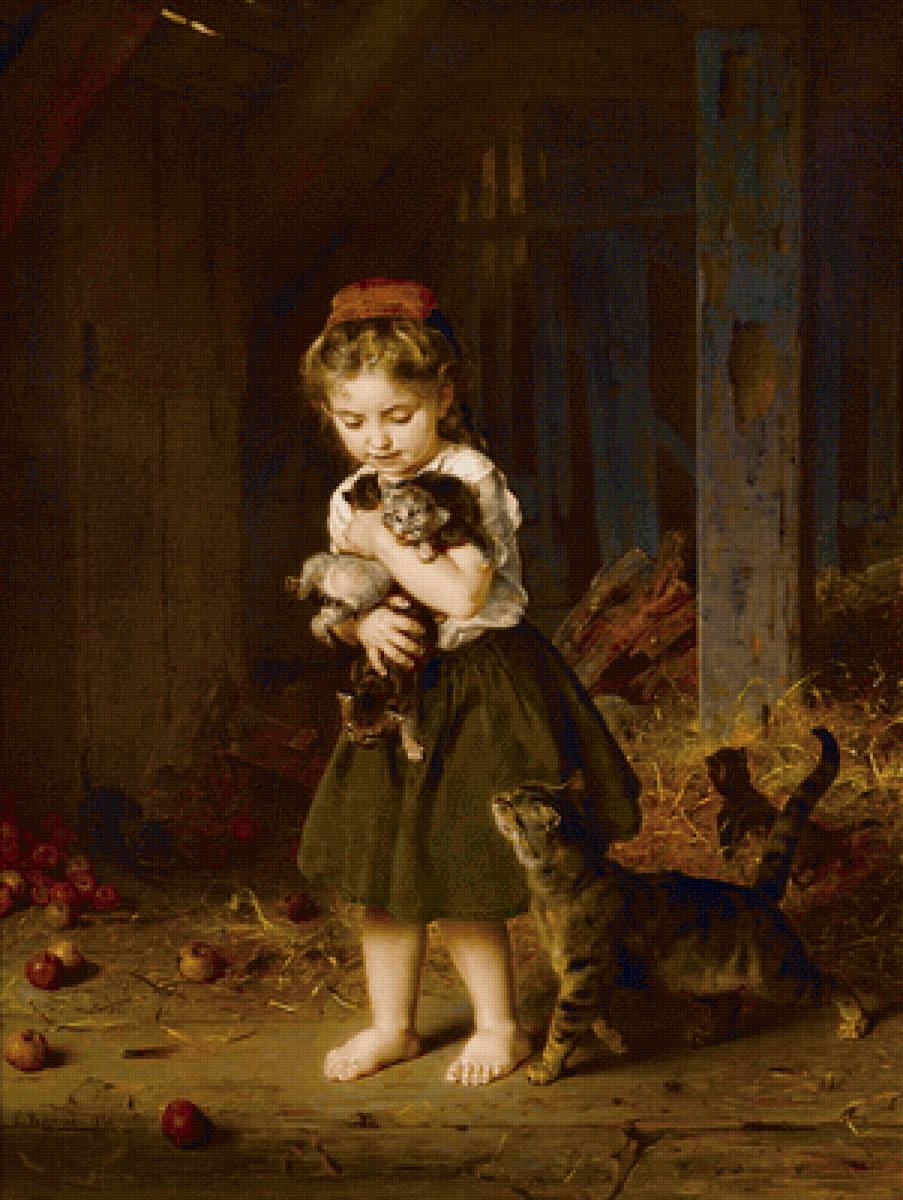 Девочка с котятами. Ludwig Knaus - жанровая живопись, 19 век, девочка, котенок - предпросмотр
