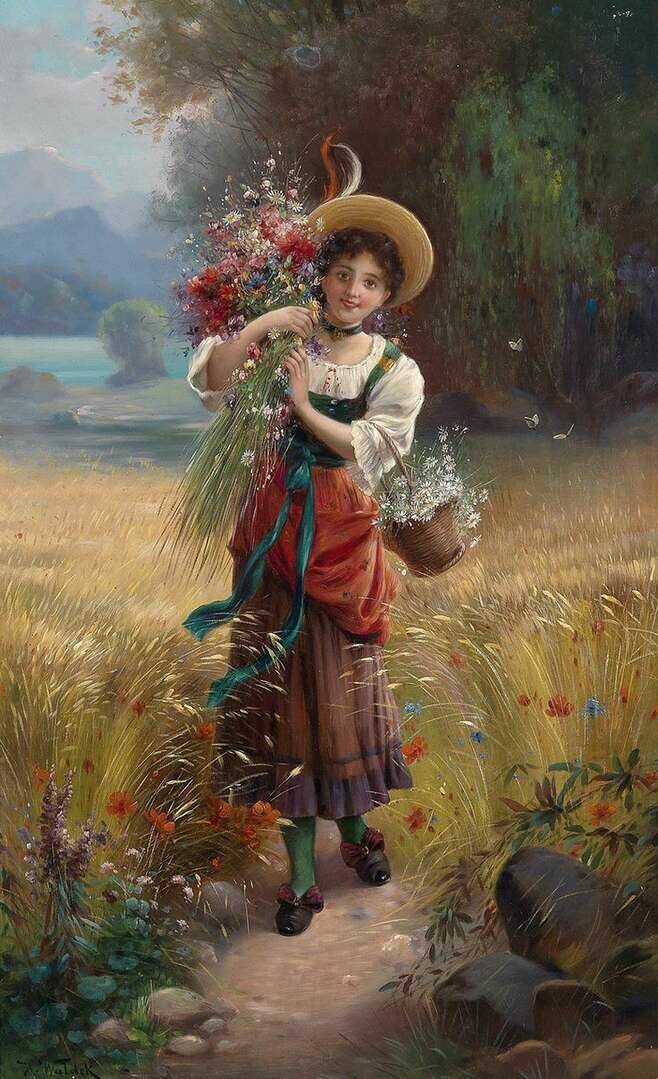 Цветочница. Ханс Зацка - девушка, портрет, живопись, 19 век - оригинал