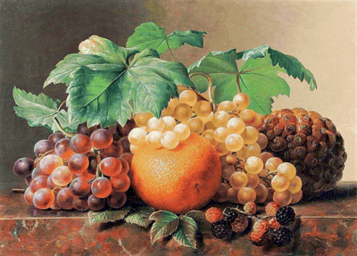 натюрморт с апельсином - апельсин, фрукты, виноград, натюрморт - предпросмотр