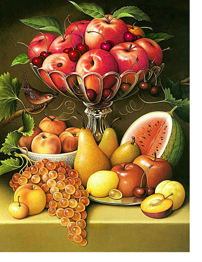 Натюрморт - арбуз, ваза, фрукты, птица, вишня, виноград, персики, груши - оригинал